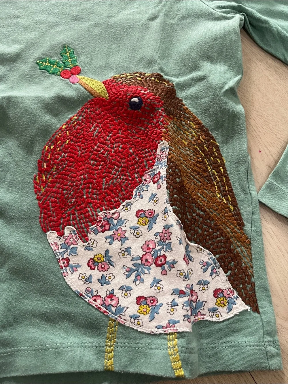 Mini Boden Teal Green Long-Sleeve Tee with Red & Brown Bird Applique
